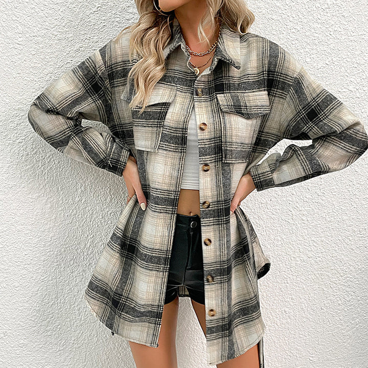 Damen Overshirt-Kleid mit Karomuster, Bindegürtel und aufgesetzten Brusttaschen Echoarchiv