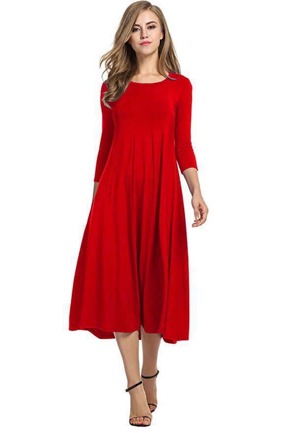 Damen Langes A-Linien Midikleid aus Stretch-Jersey mit Dreiviertelärmeln und Eingrifftaschen Echo Archiv