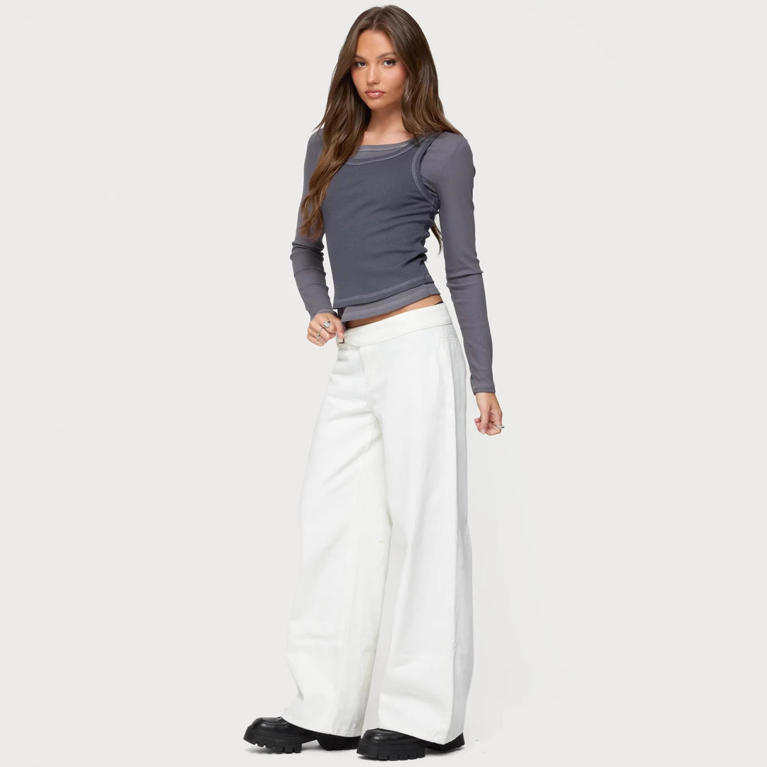 Damen Langarm-Crop-Top mit modischem Farbkontrast und nahtloser Verarbeitung Echo Archiv
