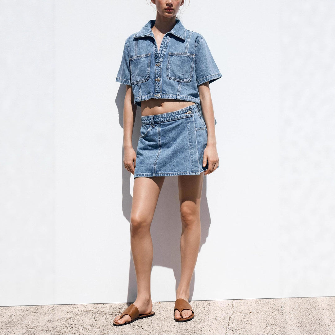 Damen kurz geschnittene Denim-Bluse mit zwei aufgesetzten Taschen Echo Archiv