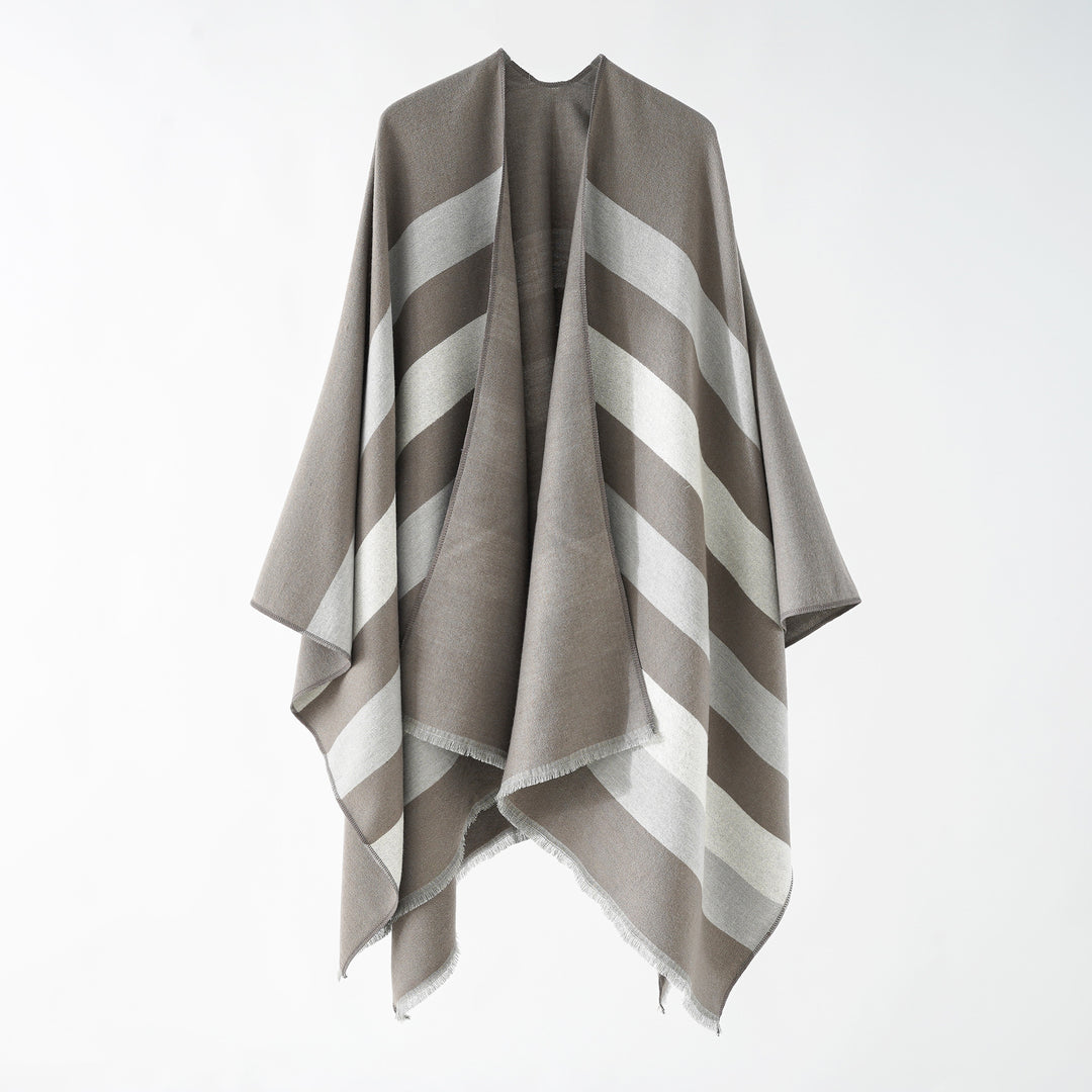Damen Feiner Wollmix‑Capeüberwurf mit diagonaler Streifenstruktur und Fransensaum Echo Archiv