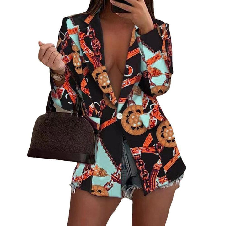 Damen Gemusterter Longline-Blazer mit Ein-Knopf-Verschluss und Seidentuch-Print Echoarchiv