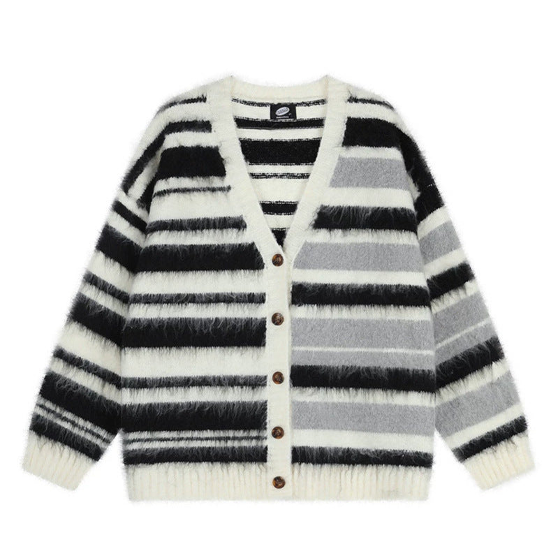 Damen Oversize-Strickjacke mit V‑Ausschnitt, kuscheliger Mohair‑Optik und gestreiftem Muster Echoarchiv
