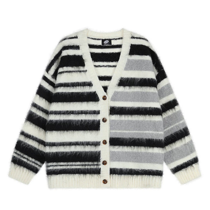 Damen Oversize-Strickjacke mit V‑Ausschnitt, kuscheliger Mohair‑Optik und gestreiftem Muster Echoarchiv