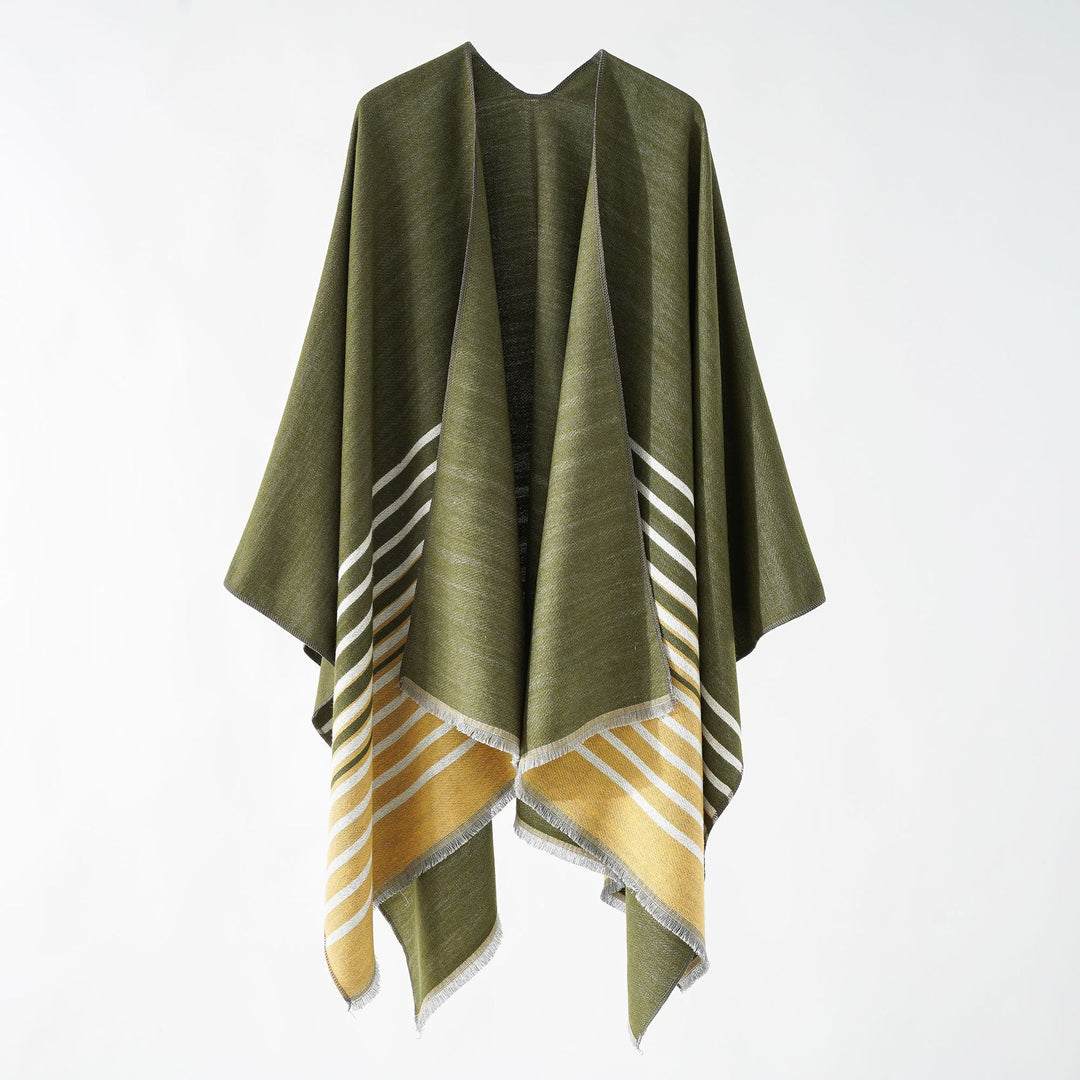 Damen Oversize-Umhangponcho im kastigen Fall mit diagonalem Streifenpanel und feinfransigem Saum Echo Archiv