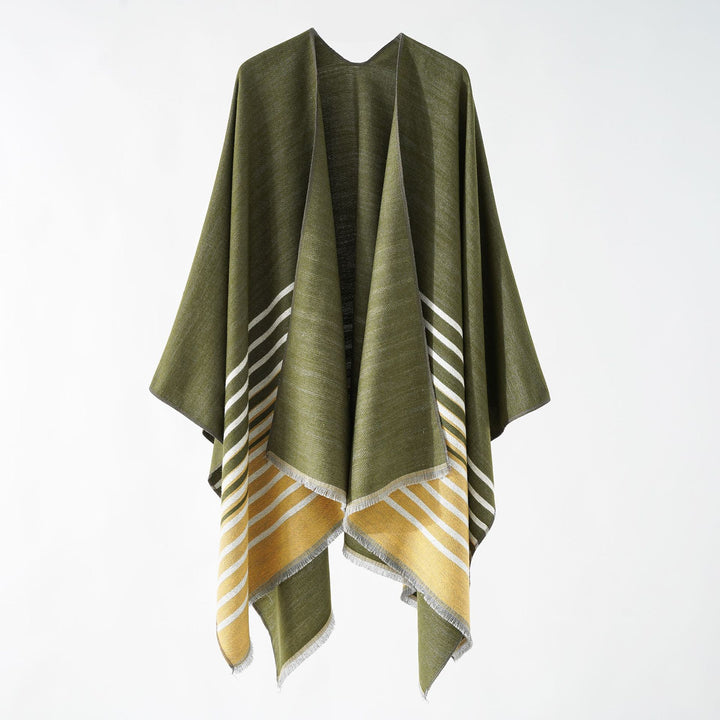 Damen Oversize-Umhangponcho im kastigen Fall mit diagonalem Streifenpanel und feinfransigem Saum Echo Archiv