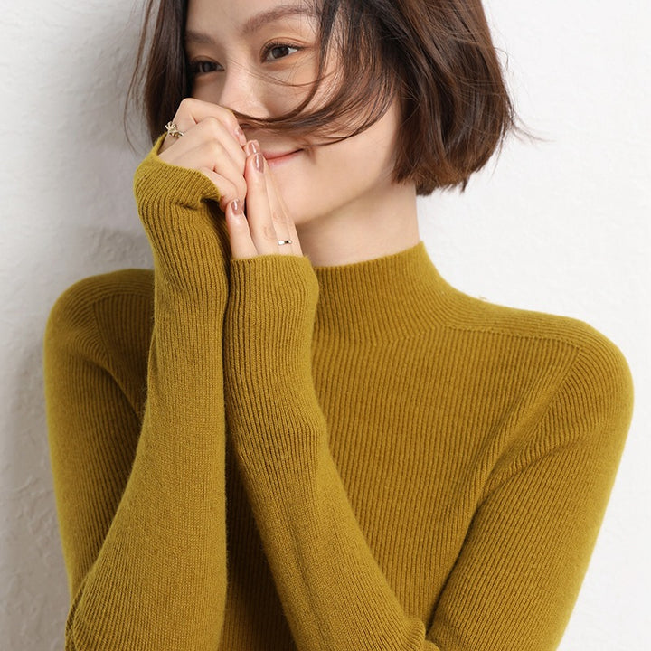 Damen Schlanker Feinstrick-Stehkragenpullover mit extrafeiner Rippenstruktur und Kaschmir‑Look Echoarchiv