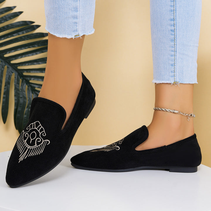 Damen nan bestickte Wildlederoptik-Slipper mit spitzer Leistenform und flacher rutschfester Gummisohle Echo Archiv
