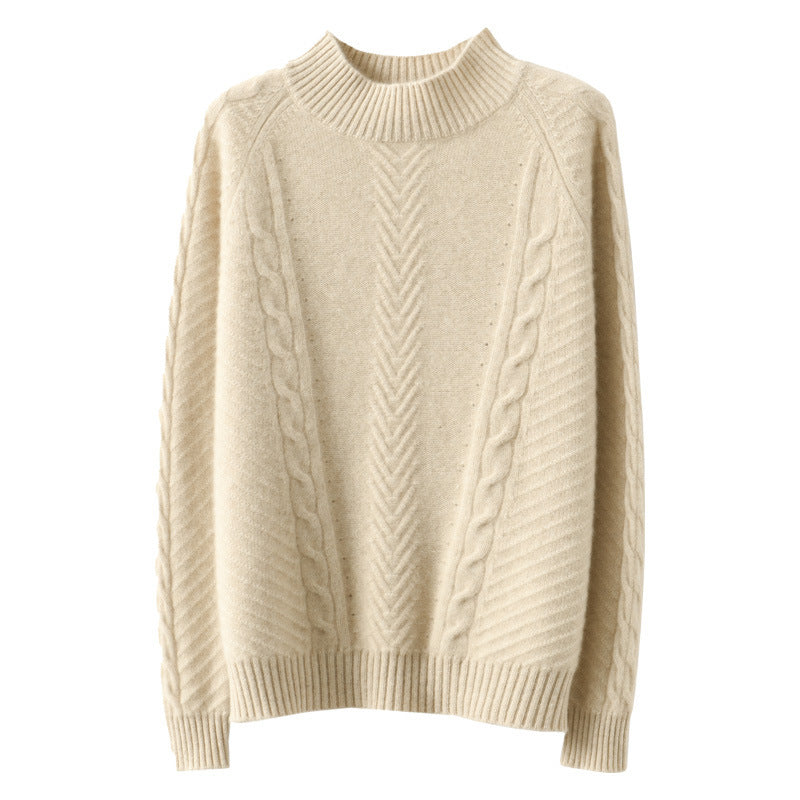 Damen Leichter Mohair‑Look Stehkragenpullover mit Zopf‑Ajour und taillierter Silhouette Echoarchiv