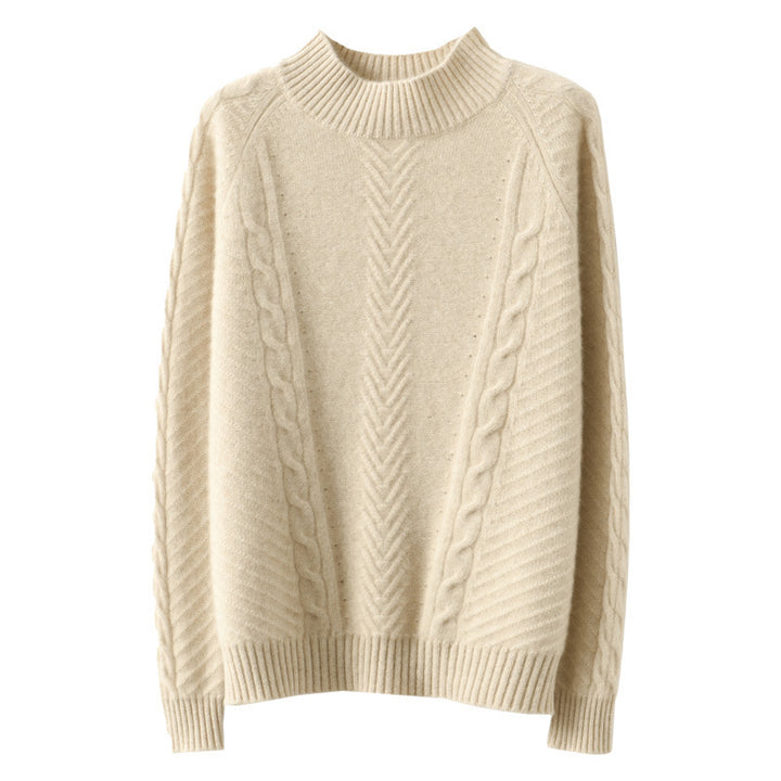 Damen Leichter Mohair‑Look Stehkragenpullover mit Zopf‑Ajour und taillierter Silhouette Echoarchiv