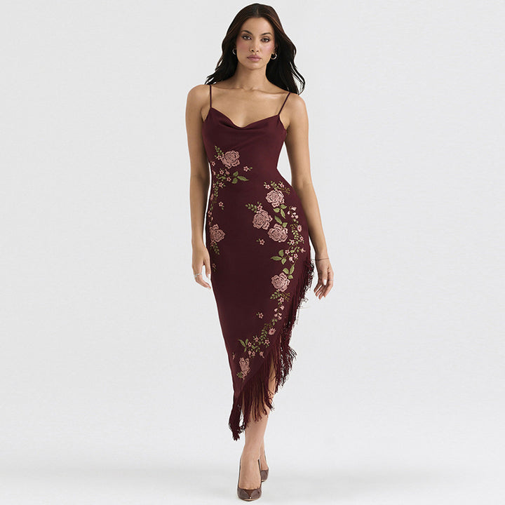 Damen elegantes Hochzeitskleid mit Blumenapplikationen und Fransen Echo Archiv