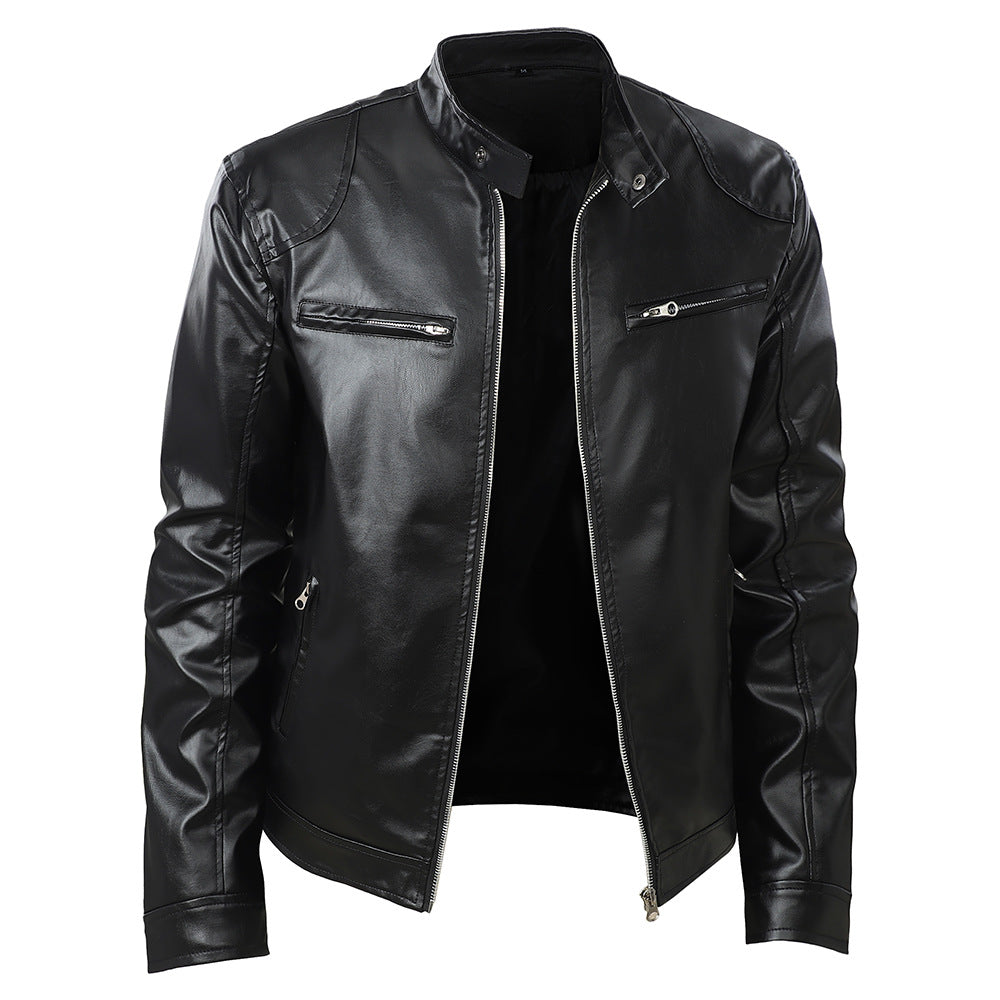 Herren modische Kunstlederjacke mit elegantem Stehkragen und funktionalen Reißverschlusstaschen Echoarchiv