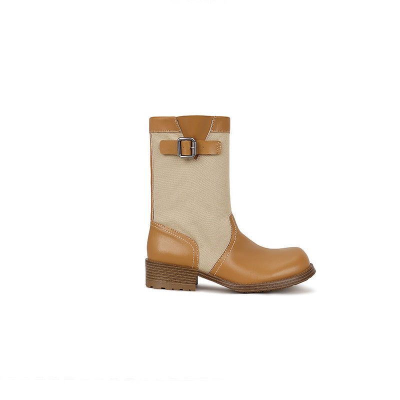 Damen Leder-Leinen Mid-Calf Stiefel mit Schnallenriemen Echo Archiv