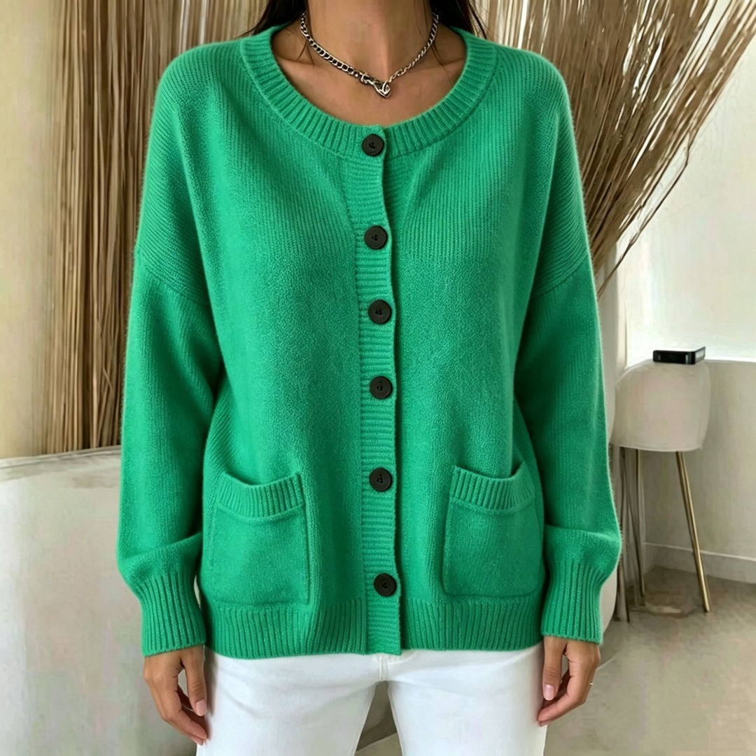 Damen Knopf-Cardigan mit Rundhals, aufgesetzten Taschen und Raglanärmeln – Veloura