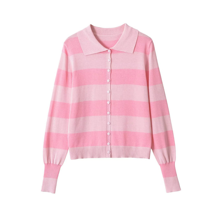 Damen Leichte gestreifte Strickjacke mit Polokragen und Knopfleiste Echo Archiv