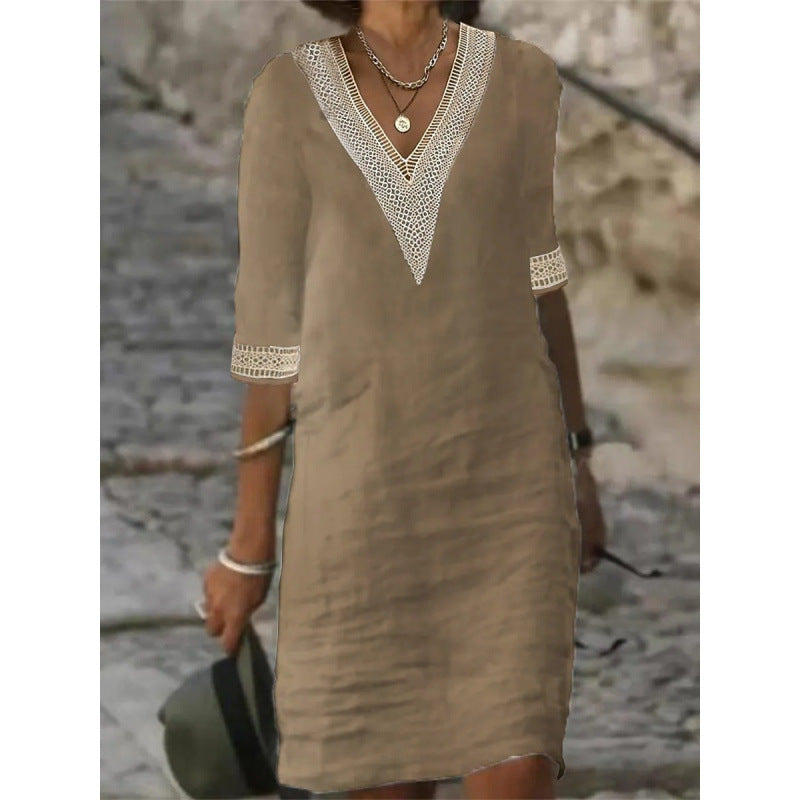 Damen Leichtes Leinen-Midikleid mit V-Ausschnitt und Häkelspitzenbesatz – Élara