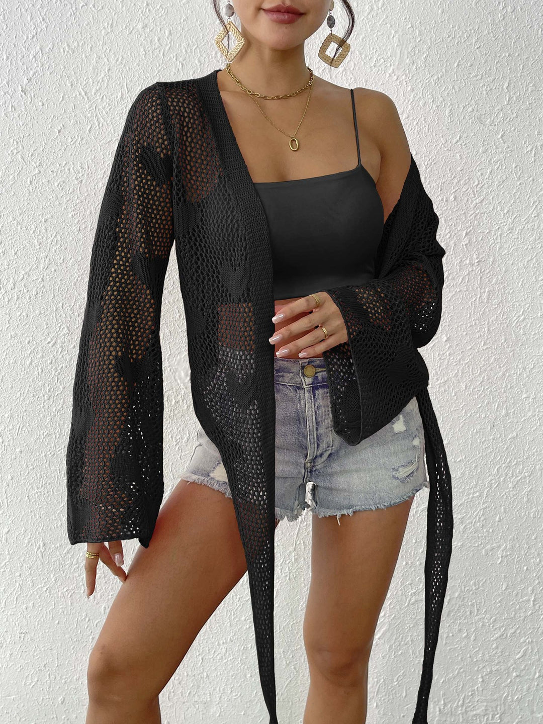 Damen luftiger Strick-Kimono mit offener Front und Kordelzug Echo Archiv