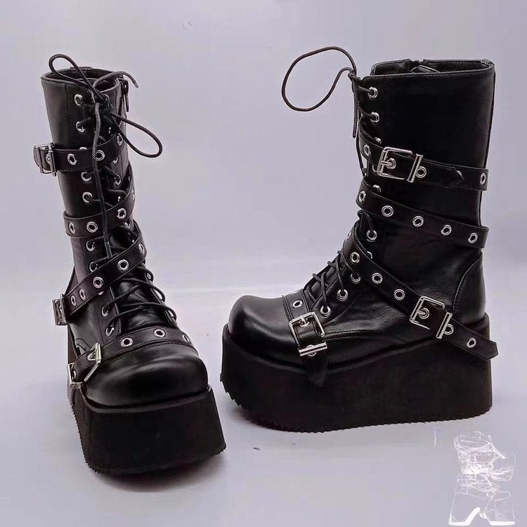 Damen nan hochschaftige Gothic Plateau-Boots mit mehrfachen Metallschnallen, Ösen und seitlichem Reißverschluss Echo Archiv