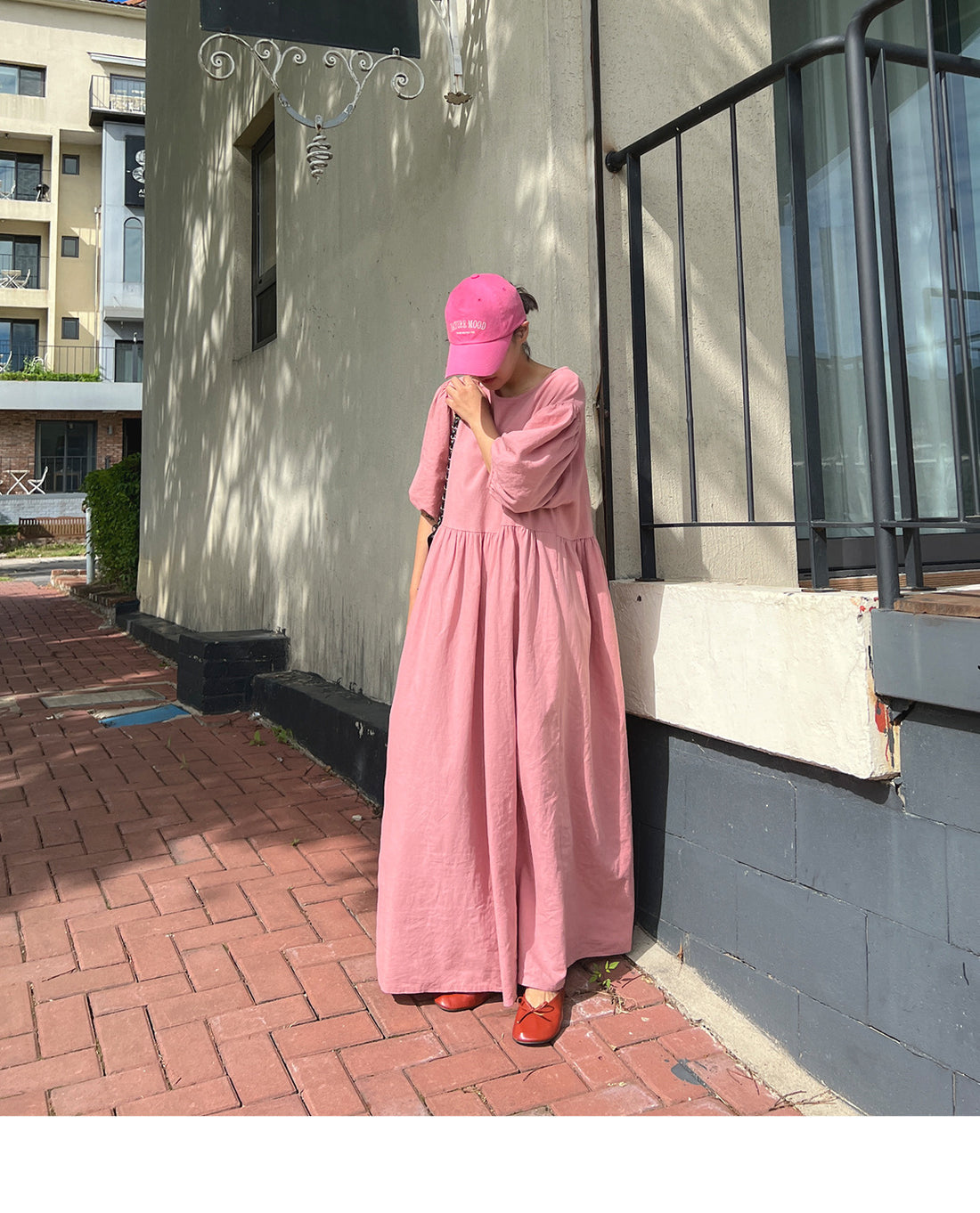 Damen Fließendes Maxikleid aus Leinenmix mit geraffter Taillennaht und Ballonärmeln – Valéora