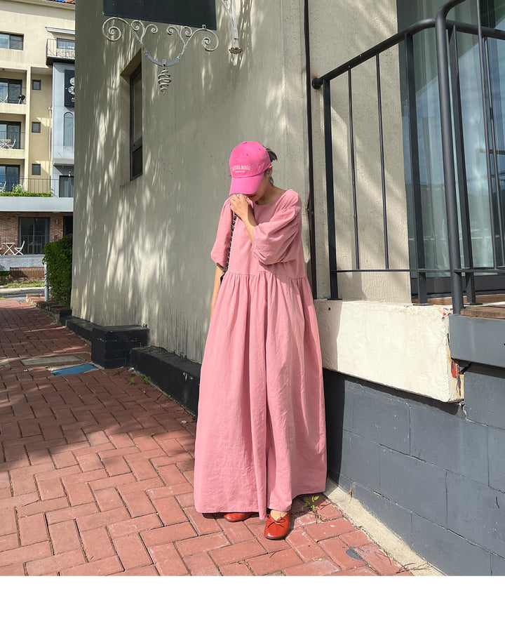 Damen Fließendes Maxikleid aus Leinenmix mit geraffter Taillennaht und Ballonärmeln – Valéora