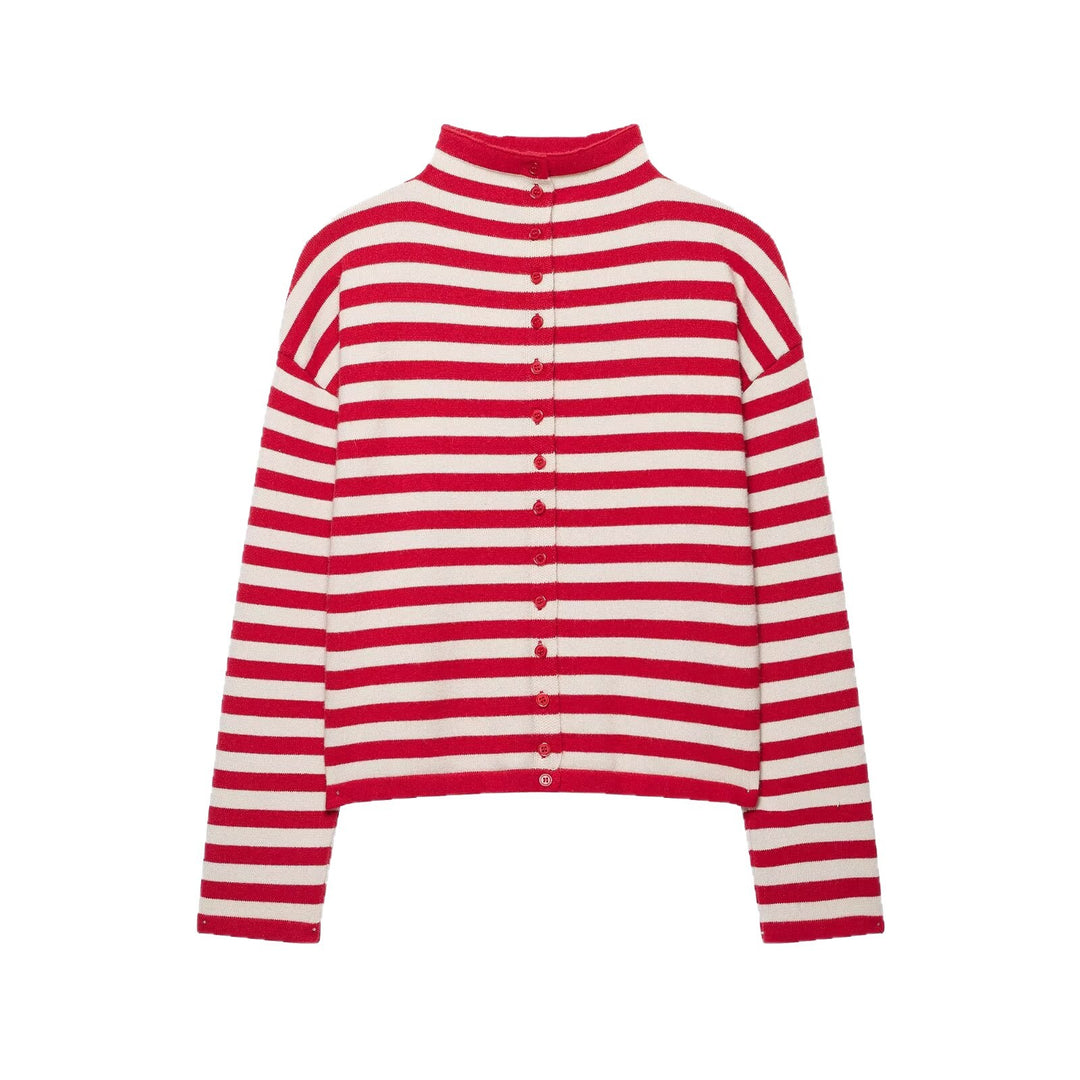 Damen Gestreifter Cropped-Strickcardigan mit Knopfleiste und Stehkragen Echoarchiv