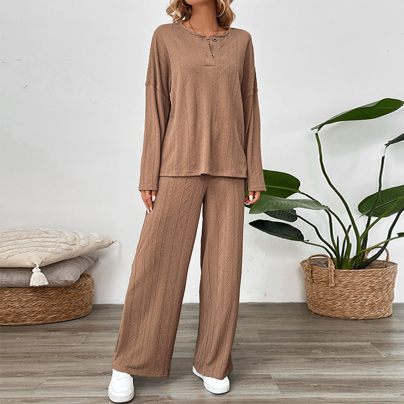 Damen Zweiteiliges Strick-Loungewear-Set mit Wide‑Leg-Hose und Henley-Oberteil Echoarchiv
