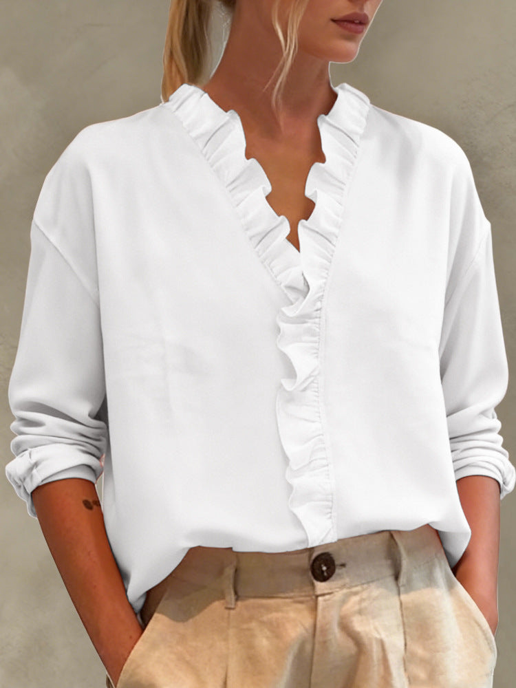Damen Elegante V-Ausschnitt Bluse mit Volantbesatz und lockerem Oversize-Schnitt – Élovi