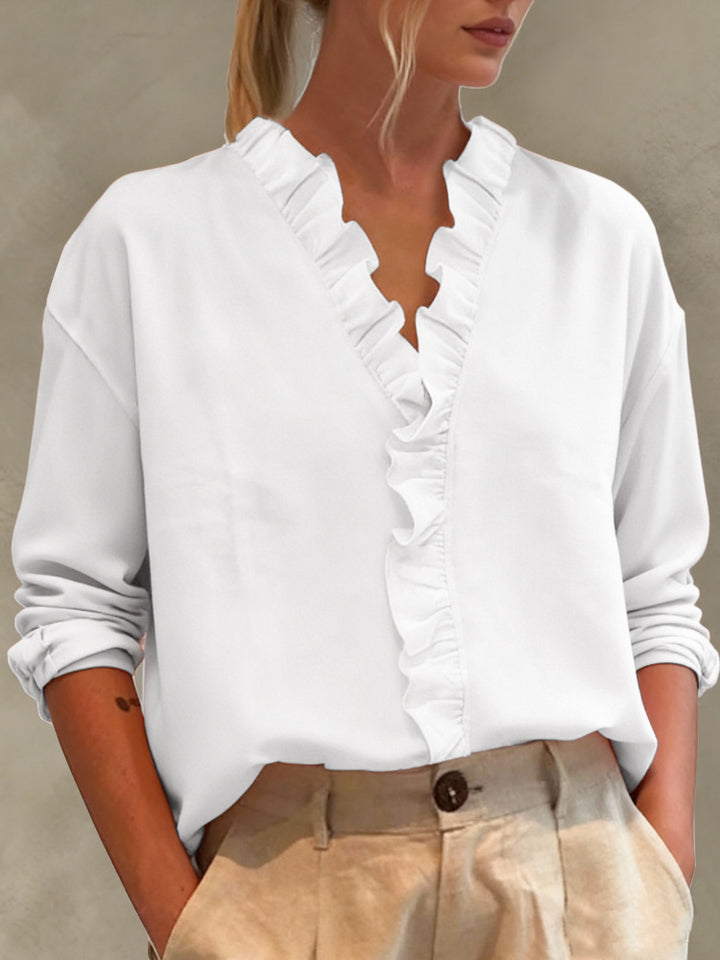 Damen Elegante V-Ausschnitt Bluse mit Volantbesatz und lockerem Oversize-Schnitt – Élovi