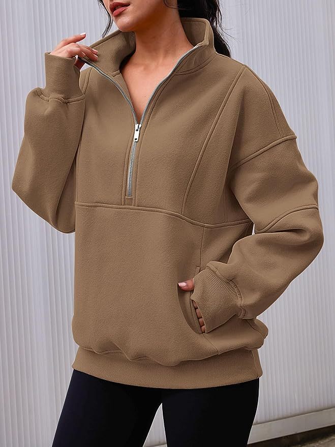 Damen Oversized Sweatshirt mit halbem Reißverschluss, Kängurutasche und Stehkragen Echoarchiv