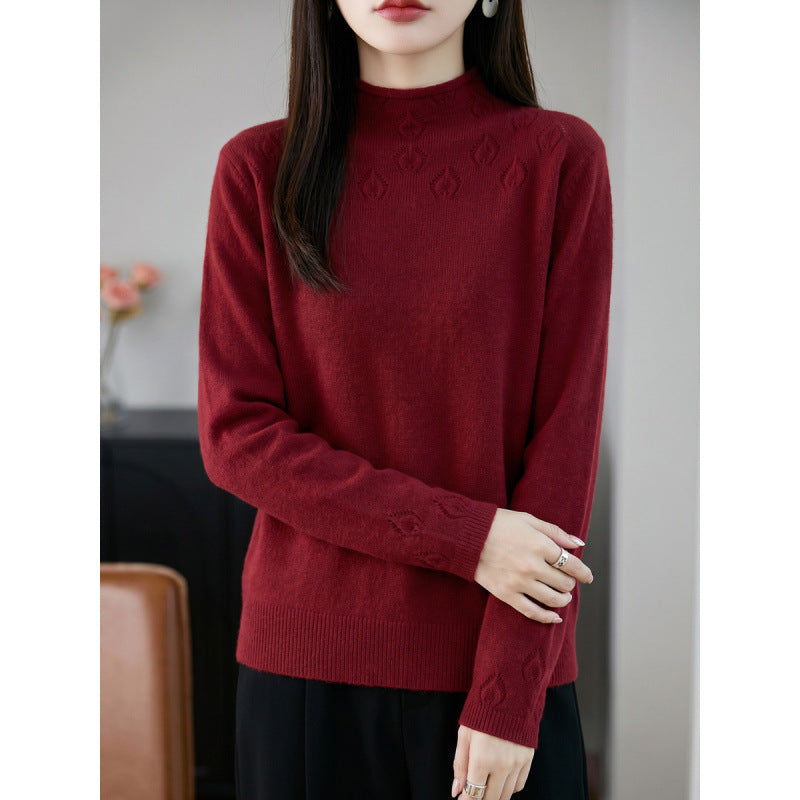 Damen Leichter Stehkragenpullover mit floralem Ajour‑Yoke und feiner Rippkante Echoarchiv