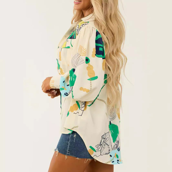 Damen Oversized-Hemdbluse mit grafischem Allover-Print, Brusttaschen und Ballonärmeln – Avérine