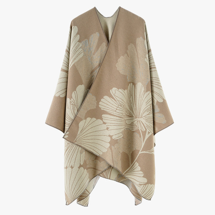 Damen Jacquard‑Capeponcho mit großflächigem Blatt‑Jacquard und offenem Wickelschnitt – Montévia