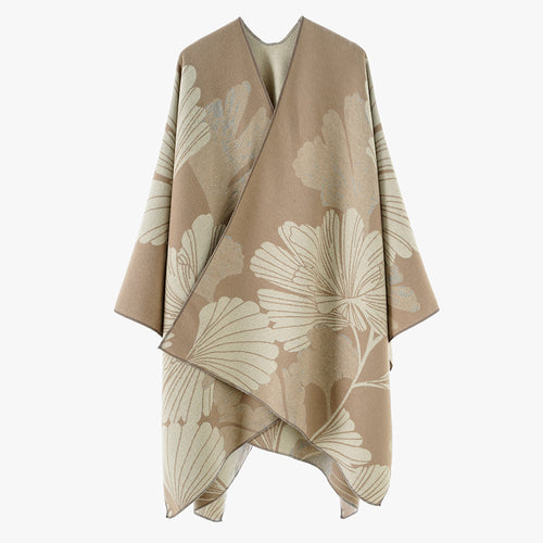 Damen Jacquard‑Capeponcho mit großflächigem Blatt‑Jacquard und offenem Wickelschnitt – Montévia