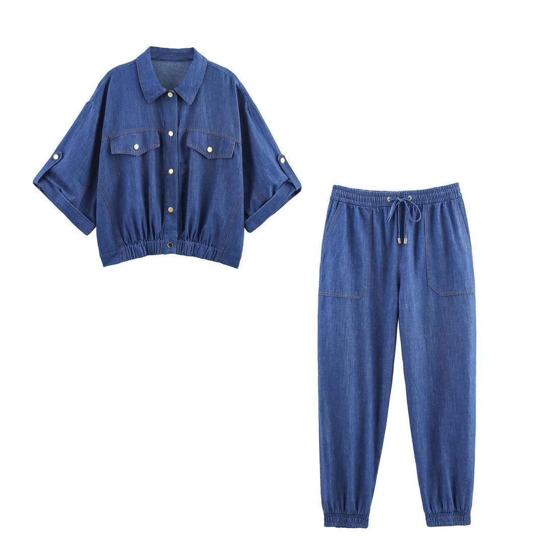Damen lässiges Denim-Set mit Crop-Bluse und elastischen Hosen Echo Archiv