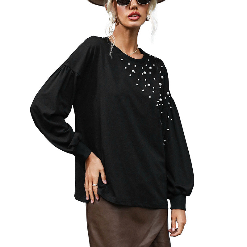 Damen Oversize-Sweatshirt mit Perlendekor und Ballonärmeln Echoarchiv
