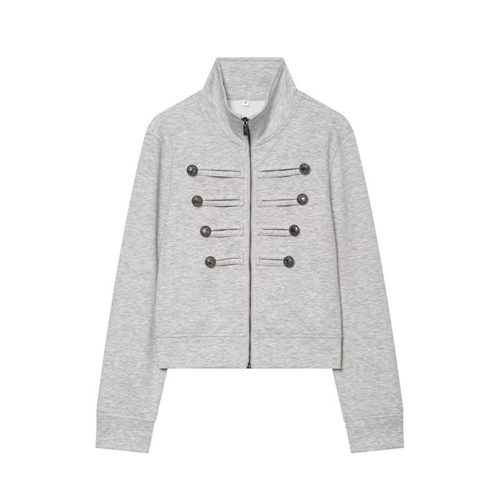 Damen Cropped Sweatjacke im Military-Look mit Stehkragen und Zierknopfreihe Echo Archiv
