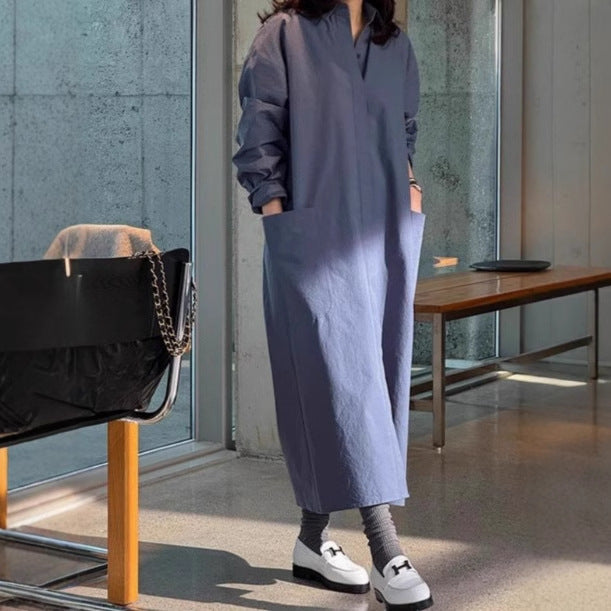 Damen Langes Oversize-Hemdblusenkleid aus Baumwollpopeline mit seitlichen Eingrifftaschen und Rückenpasse – Valéora