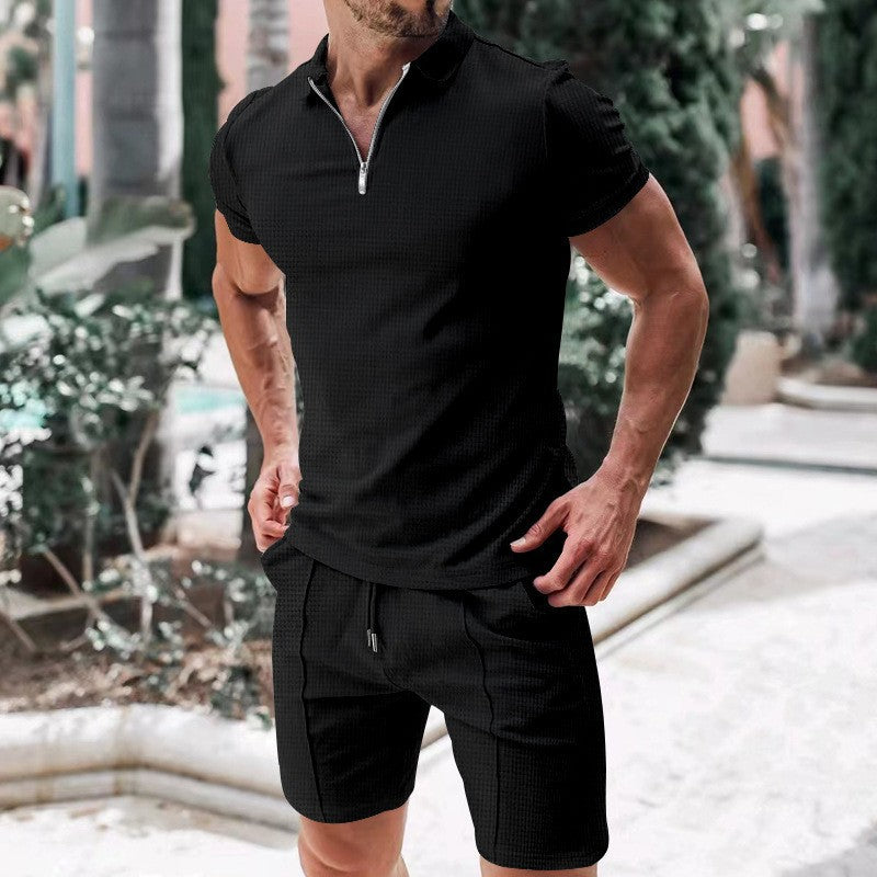 Herren Sportliches Kurzarmshirt mit Reißverschluss und Shorts Set Echoarchiv