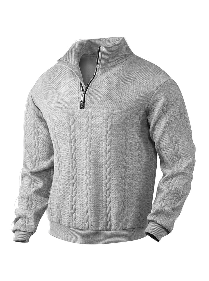 Herren nan texturierter Strickpullover mit Halbzip, geflochtenem Zopfmuster und hohem Stehkragen Echo Archiv
