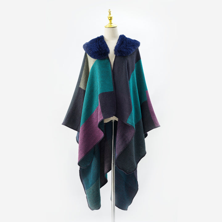 Damen Oversize-Capeponcho mit Kunstfellkragen und Colorblock-Jacquard Echo Archiv