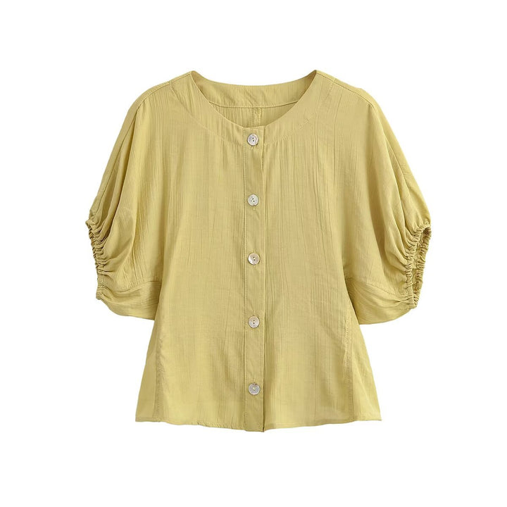 Damen Leichtes Crinkle-Blusen-Shirt mit Knopfleiste und gerafften Ballonärmeln Echo Archiv