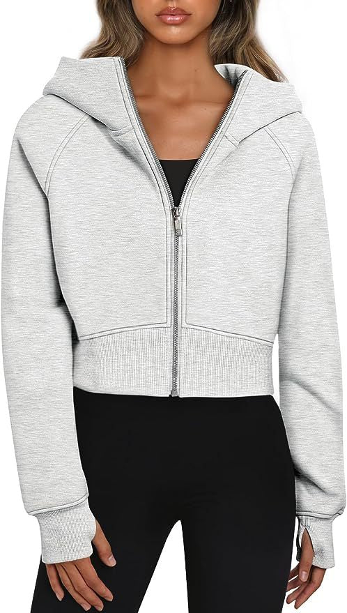 Damen Kurz geschnittener Performance-Kapuzenpullover mit durchgehendem Reißverschluss und Daumenlochbündchen Echoarchiv