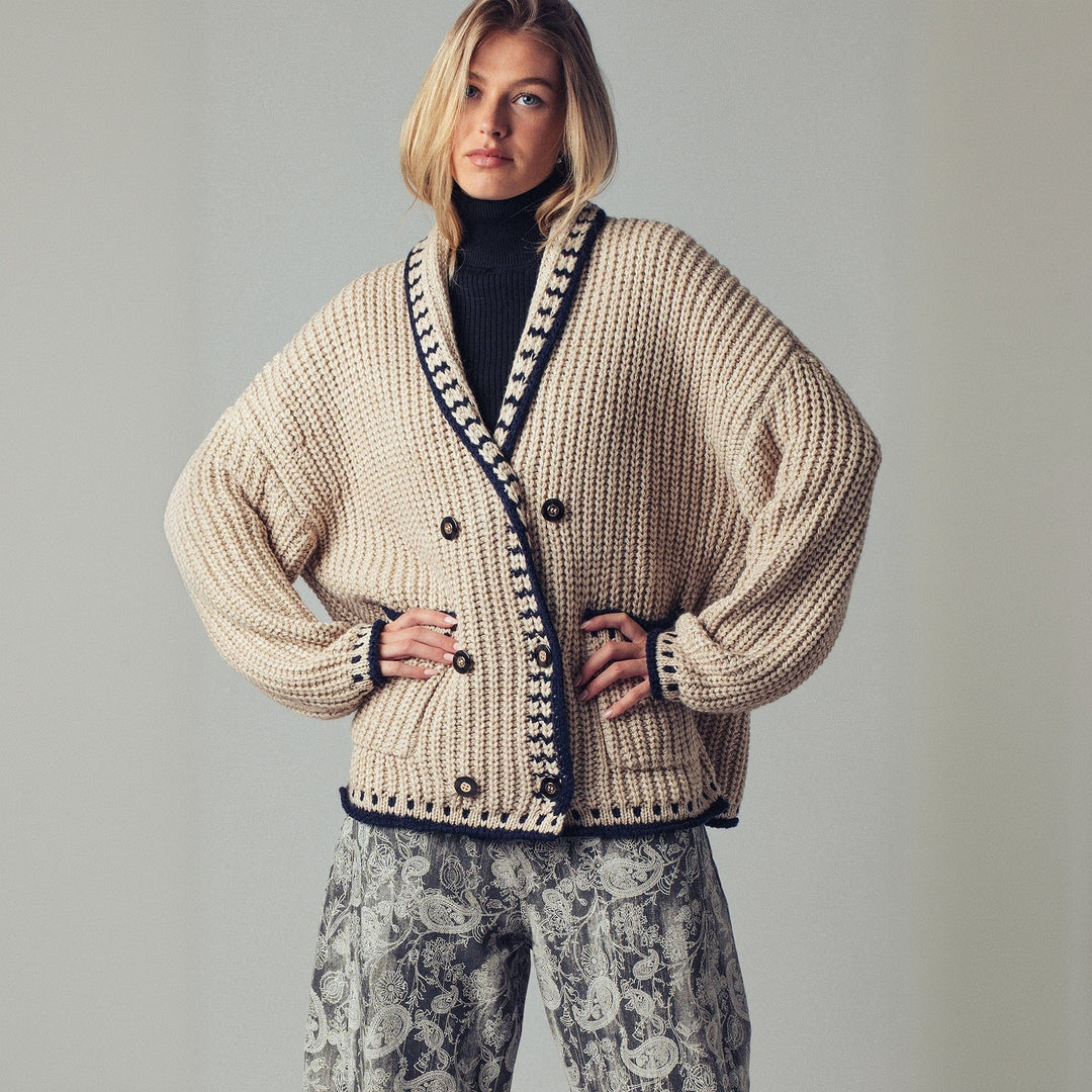 Damen Grobstrick-Cardigan mit Schalkragen, Zierstreifen & aufgesetzten Taschen – Veloura