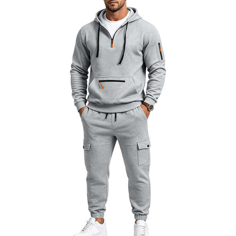 Herren Zweiteiliges Fleece-Loungewear-Set mit Halbzip-Kapuze und Cargo-Jogger – Cavarno