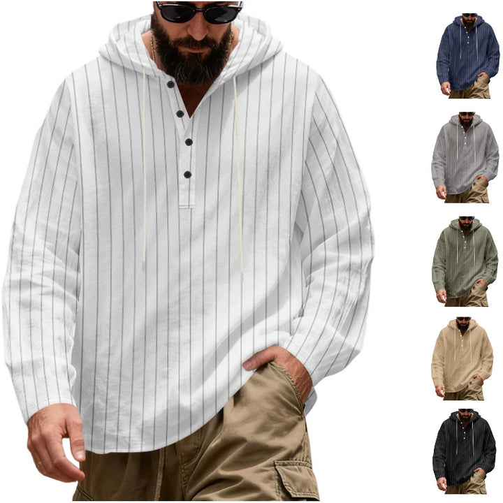 Herren Lässiges Kapuzen-Henleyshirt mit feinen Nadelstreifen und Knopfleiste Echoarchiv