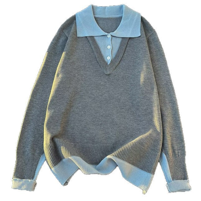 Damen Oversized Polo-Feinstrickpullover mit Kontrastkragen und geripptem Saum Echoarchiv
