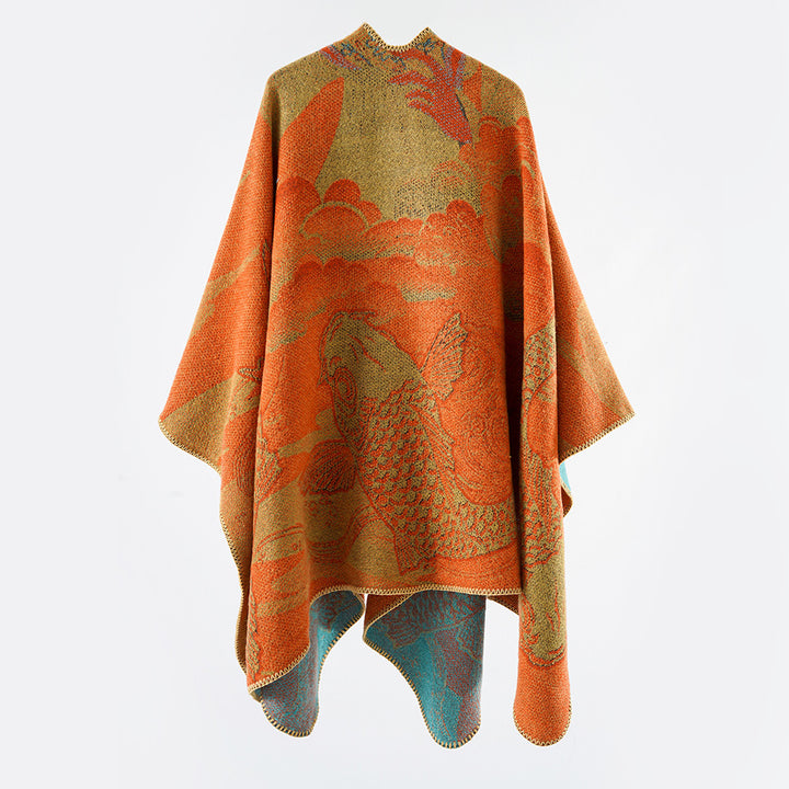 Damen Jacquard-Strick Cape mit Koi-Motiv und weitem Oversize-Fall Echo Archiv