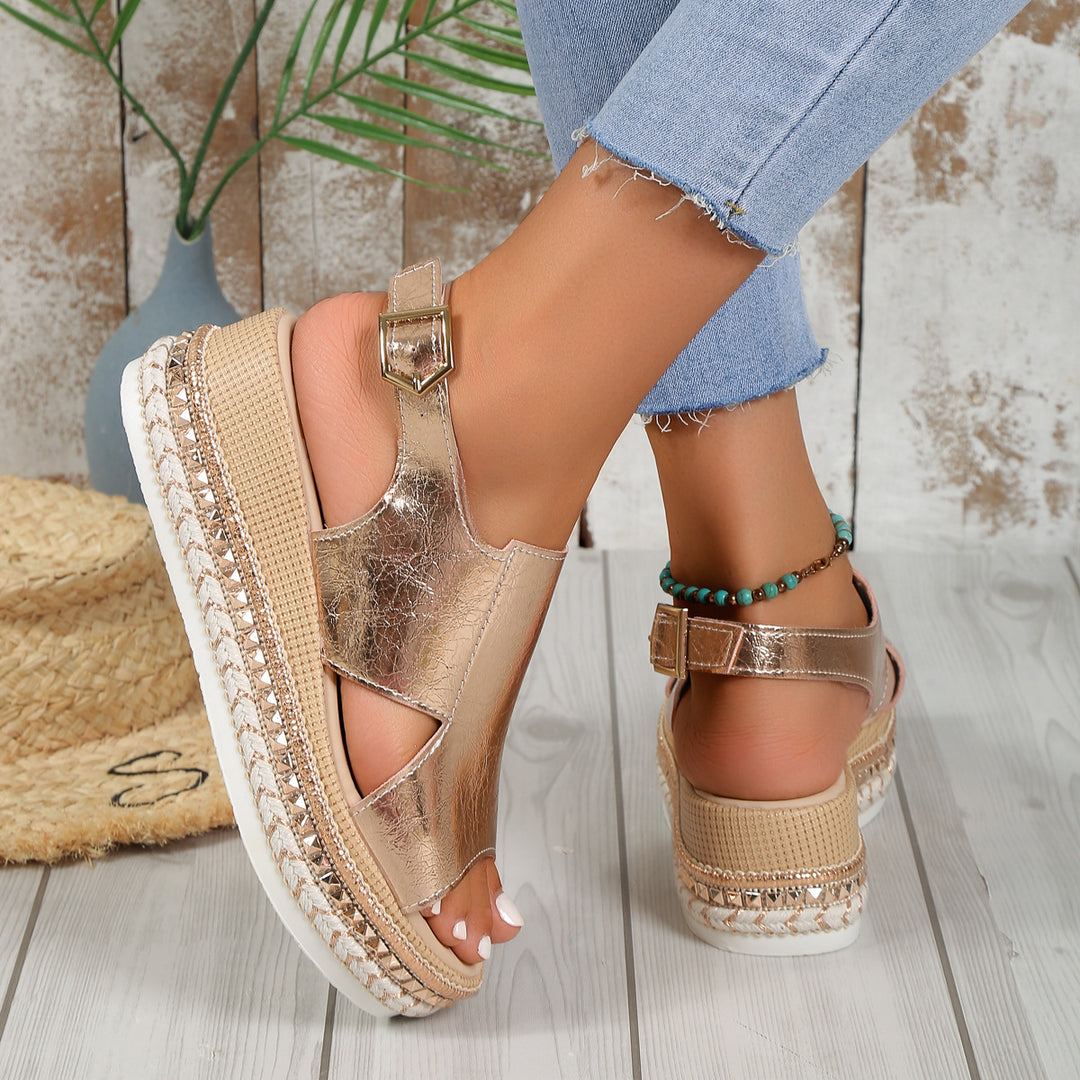 Damen nan Plateau-Sandalette aus geprägtem Kunstleder mit geflochtener Espadrille-Sohle und verstellbarem Fersenverschluss Echo Archiv