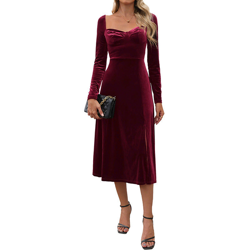 Damen Samt-Midikleid mit herzförmigem Ausschnitt, taillierter Silhouette und Langarm Echoarchiv