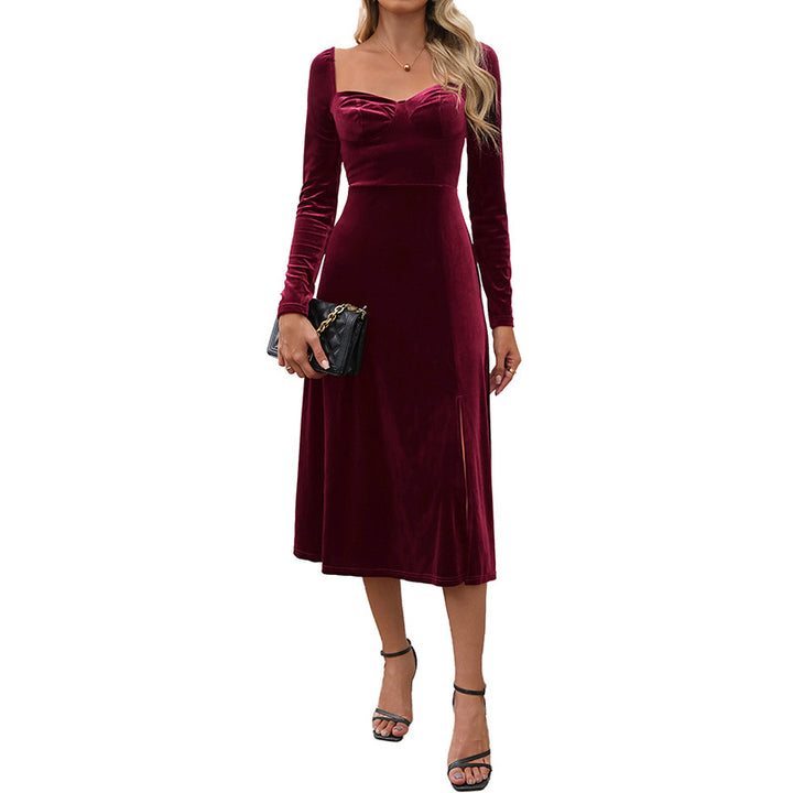 Damen Samt-Midikleid mit herzförmigem Ausschnitt, taillierter Silhouette und Langarm Echoarchiv